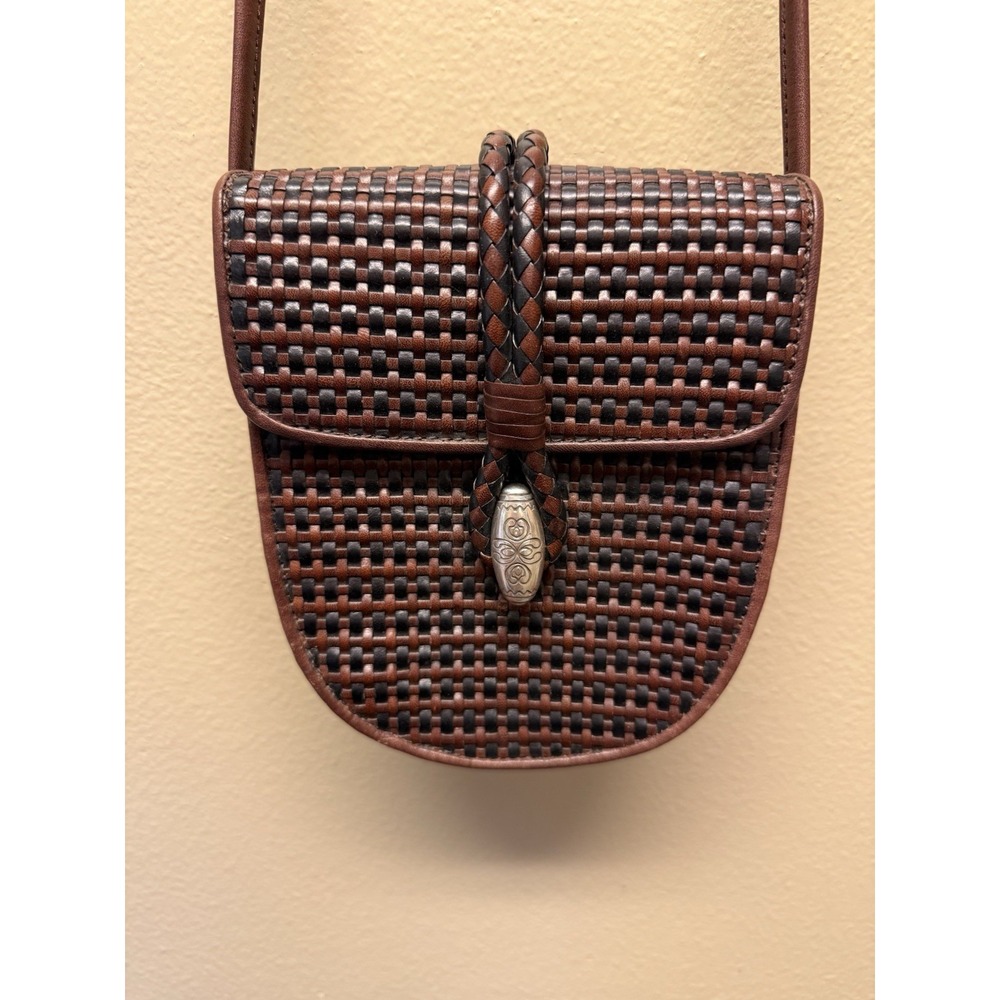 Brighton One World Purse Crossbody Woven Black Brown Leather Silver Clasp Small - Picture 2 of 7